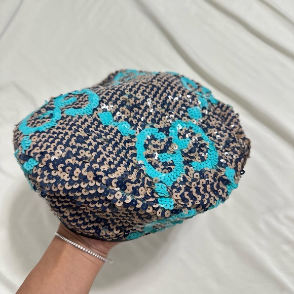 NWT Gucci Sequin Beret in Black and Teal genuine leather hem size M - Picture 8 of 9